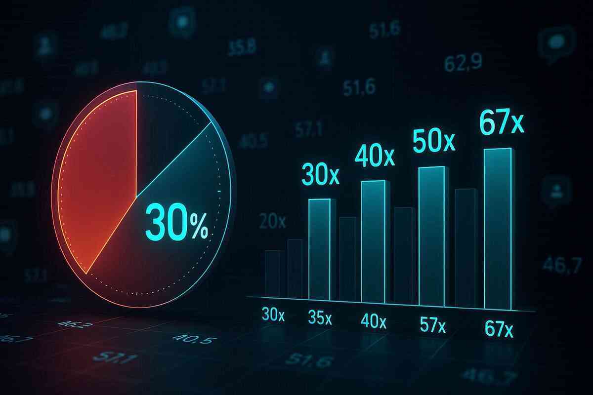Moody data visual—30% pie and rising 30x–67x bars on dark UI—tense odds, techy glow, thrill of possibility, analytical clarity amid social-noise backdrop