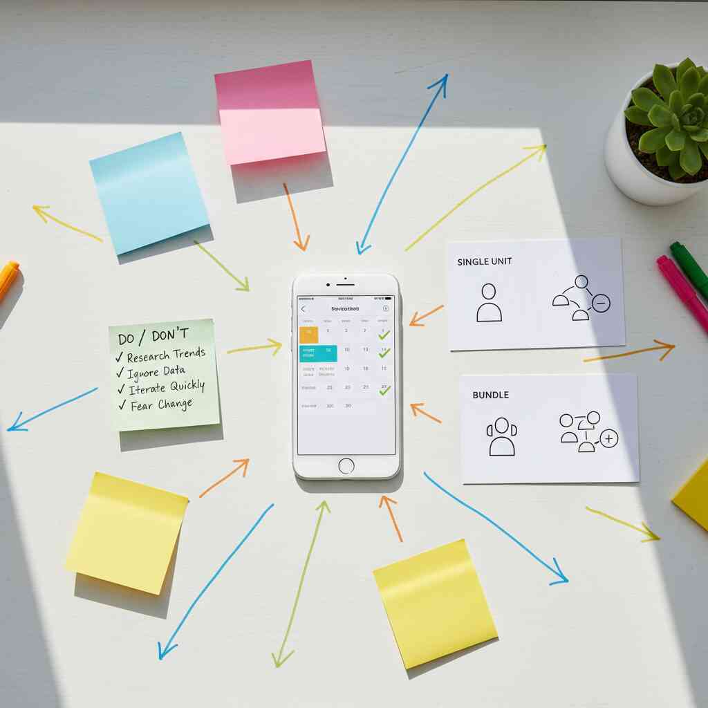 Overhead planning desk—sticky notes, arrows, phone schedule, single vs bundle choice cards—strategic calm, organized momentum, decisive clarity before entering