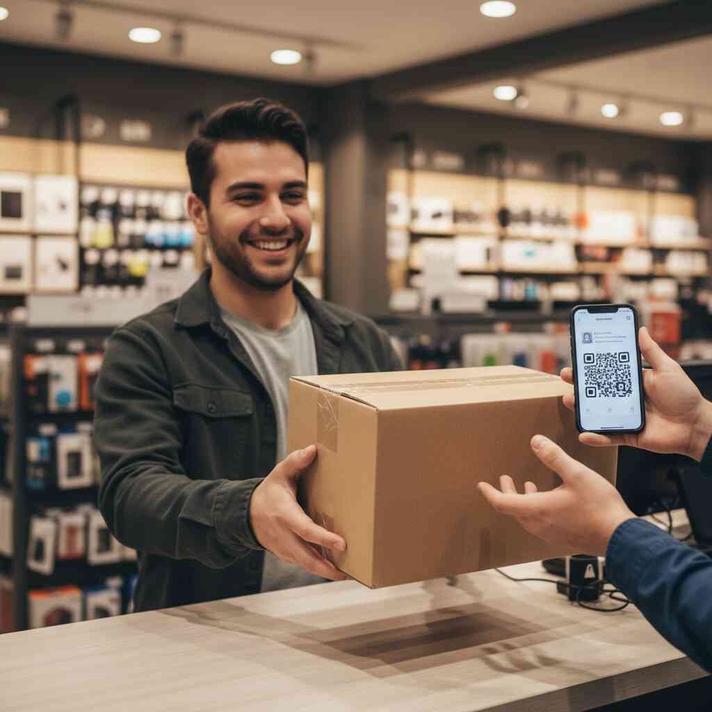 Happy store pickup—smiling winner receives plain sealed box while showing QR code on phone—relieved joy, smooth process, warm human moment at a neutral counter