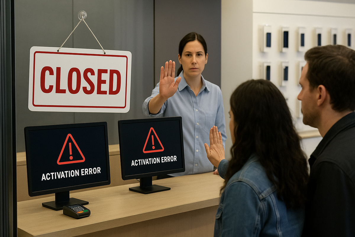 Carrier counter shut with big “CLOSED” sign—staff signaling stop, dual monitors flashing “ACTIVATION ERROR”—eSIM outage panic, tense queue energy, helpless pause