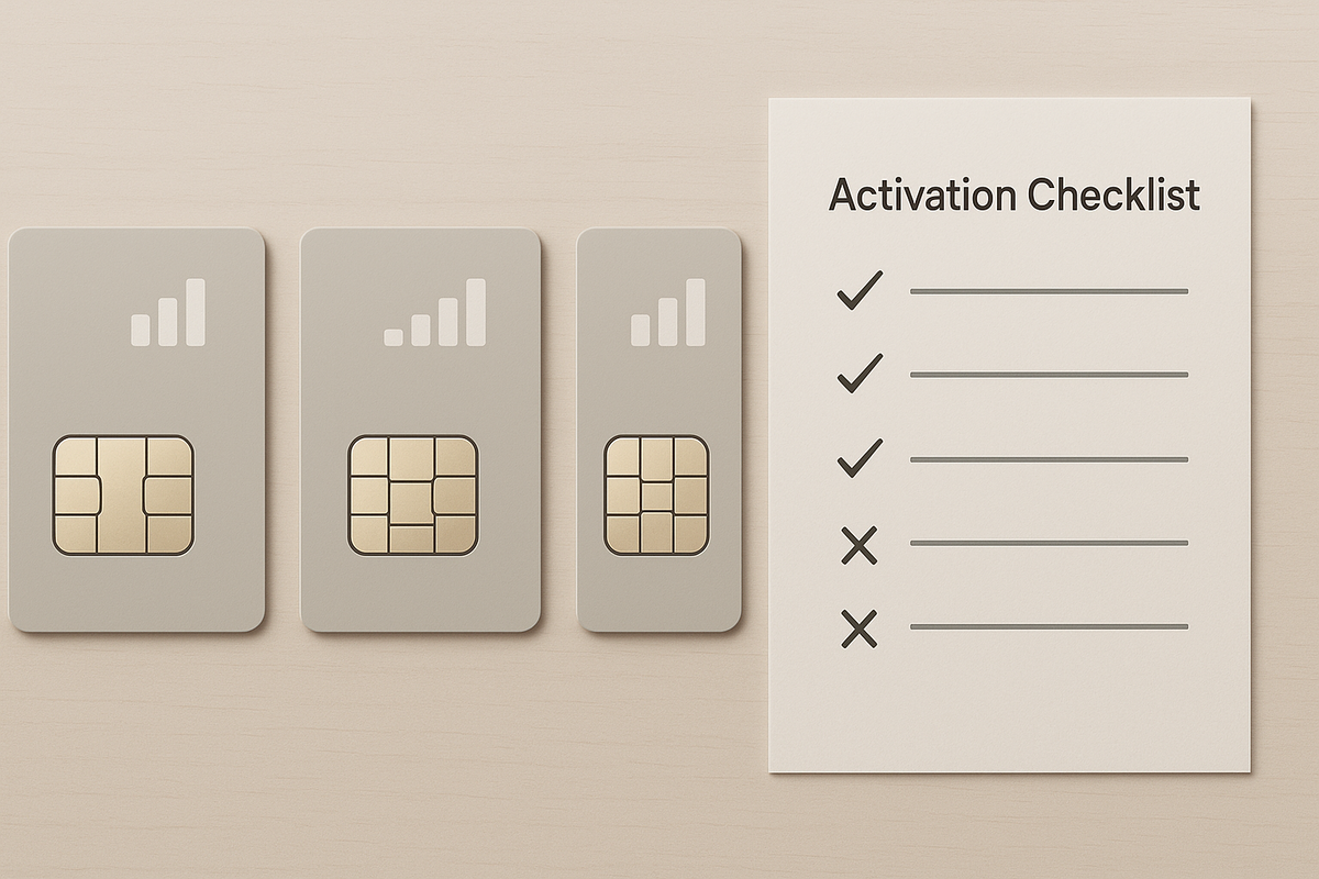 Three neutral SIM cards beside an “Activation Checklist”—ticks and crosses mapping pass/fail steps—methodical, calm-but-serious diagnosis for avoiding painful setup surprises