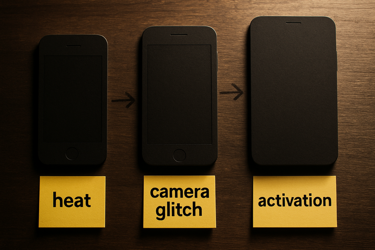 Moody timeline of unbranded phones with sticky notes—“heat” → “camera glitch” → “activation”—somber evolution of early-batch issues, uneasy progression toward fixes