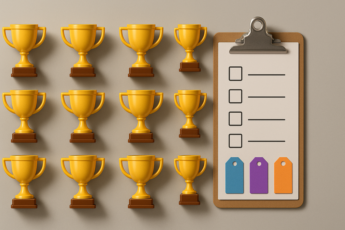 Neat grid of gold trophies beside a blank checklist clipboard with colored rarity tags—satisfying order, completionist calm, everything-at-a-glance clarity