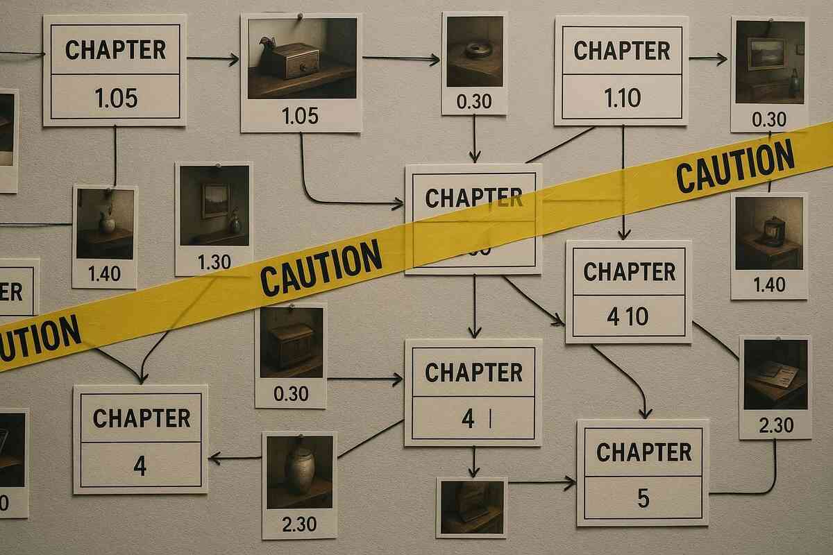 Branching chapter flowchart wall wrapped in bold CAUTION tape—missable paths, timed nodes, save-split arrows—urgent FOMO warning for time-limited content