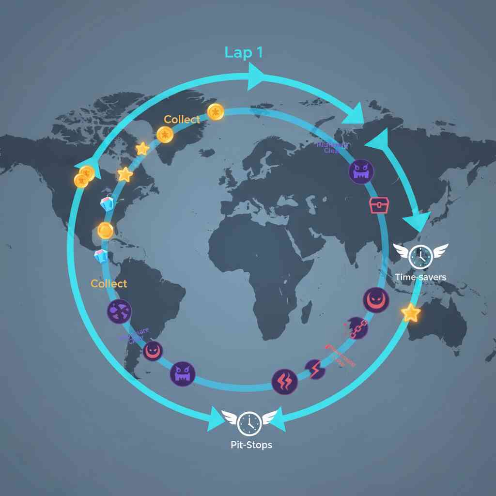 Two-lap roadmap circling a stylized world map—Lap 1 collect icons, Lap 2 nightmare-clear markers, pit-stop clocks and time-saver wings—speedrun-efficient, momentum-rich guidance