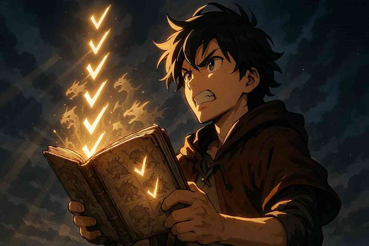 Gritty anime-style hero clutching a glowing monster logbook—gold check marks blasting upward, storm-lit sky, 100% completion vibe, cinematic determination, epic triumph energy