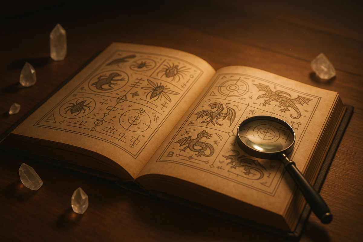 Open bestiary and magnifying glass on a warm wooden desk—tiny creature diagrams, crystal accents, cozy candlelight, foundation knowledge mood, calm focus, curious wonder