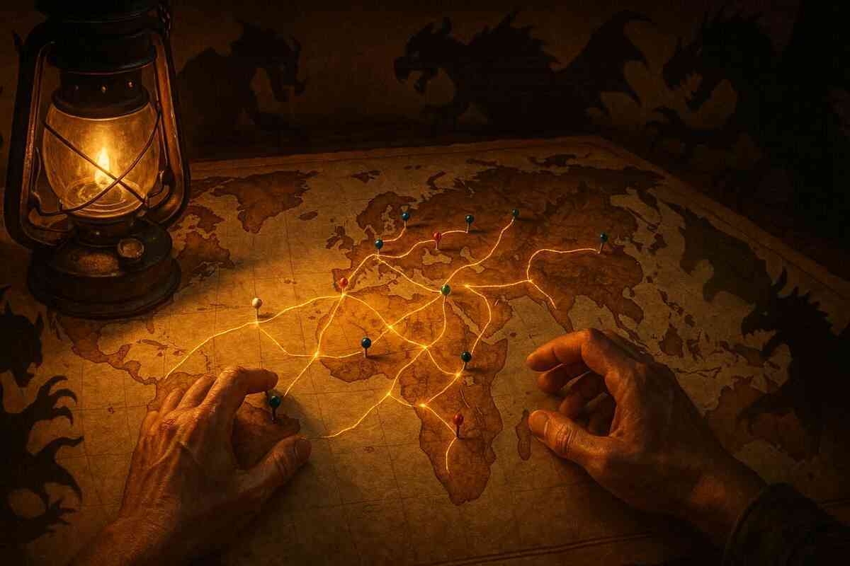 Lantern-lit world map with glowing routes and colored pins—explorer hands planning a region-by-region hunt, looming monster shadows, adventurous anticipation, methodical confidence