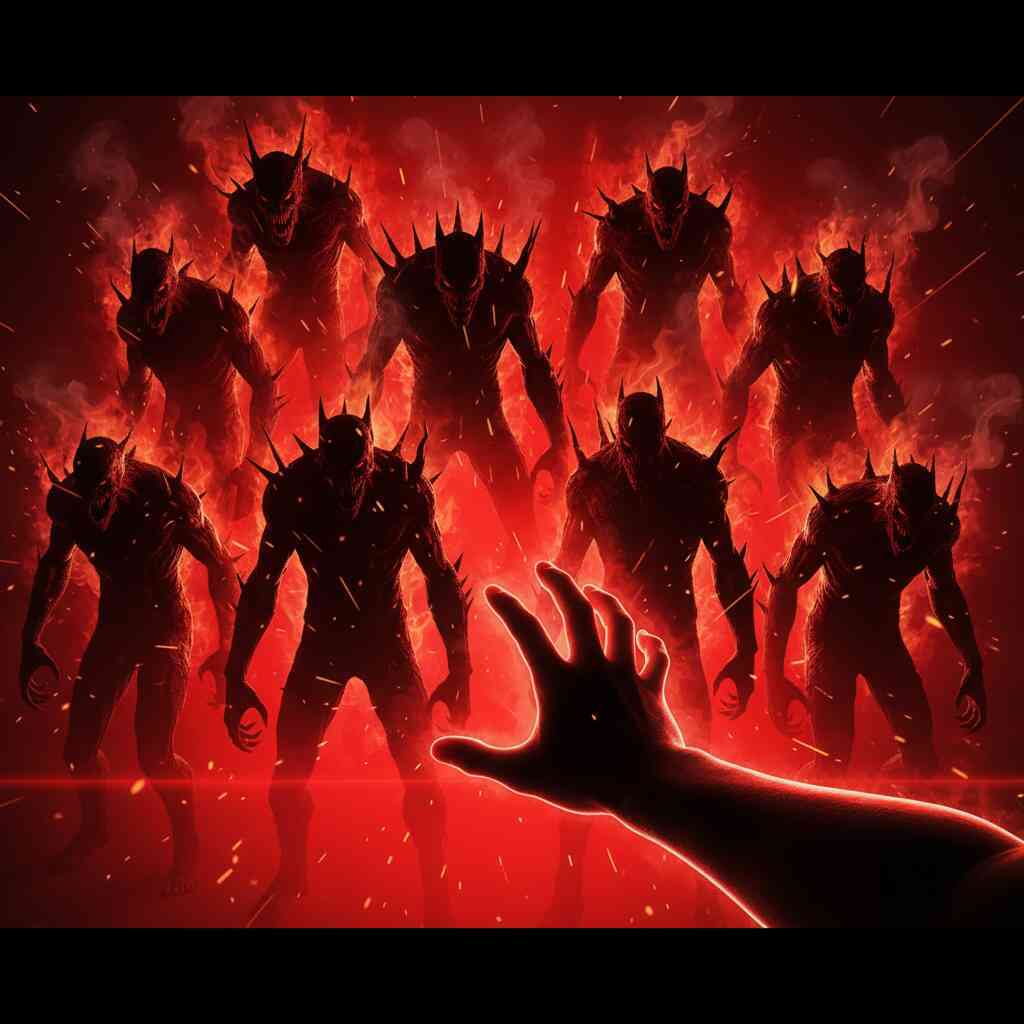 Top-10 must-not-miss enemies—ten ominous silhouettes in blazing red, sparks flying, outstretched hand rushing to tag first, countdown pressure, do-or-die intensity, sizzling FOMO