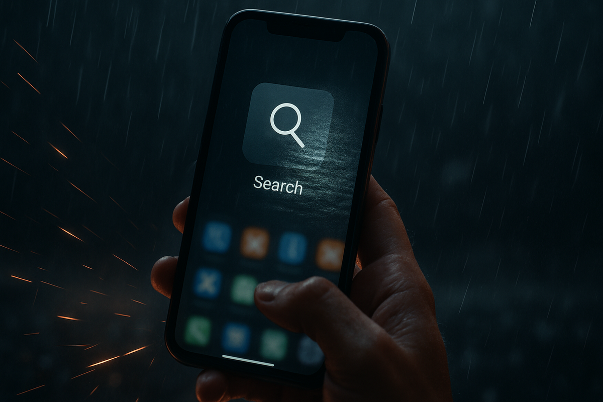 System update progress bar on iPhone clashing with bright puzzle piece—sparks of incompatibility, tense standoff vibe, iOS–Google app mismatch drama, unresolved frustration