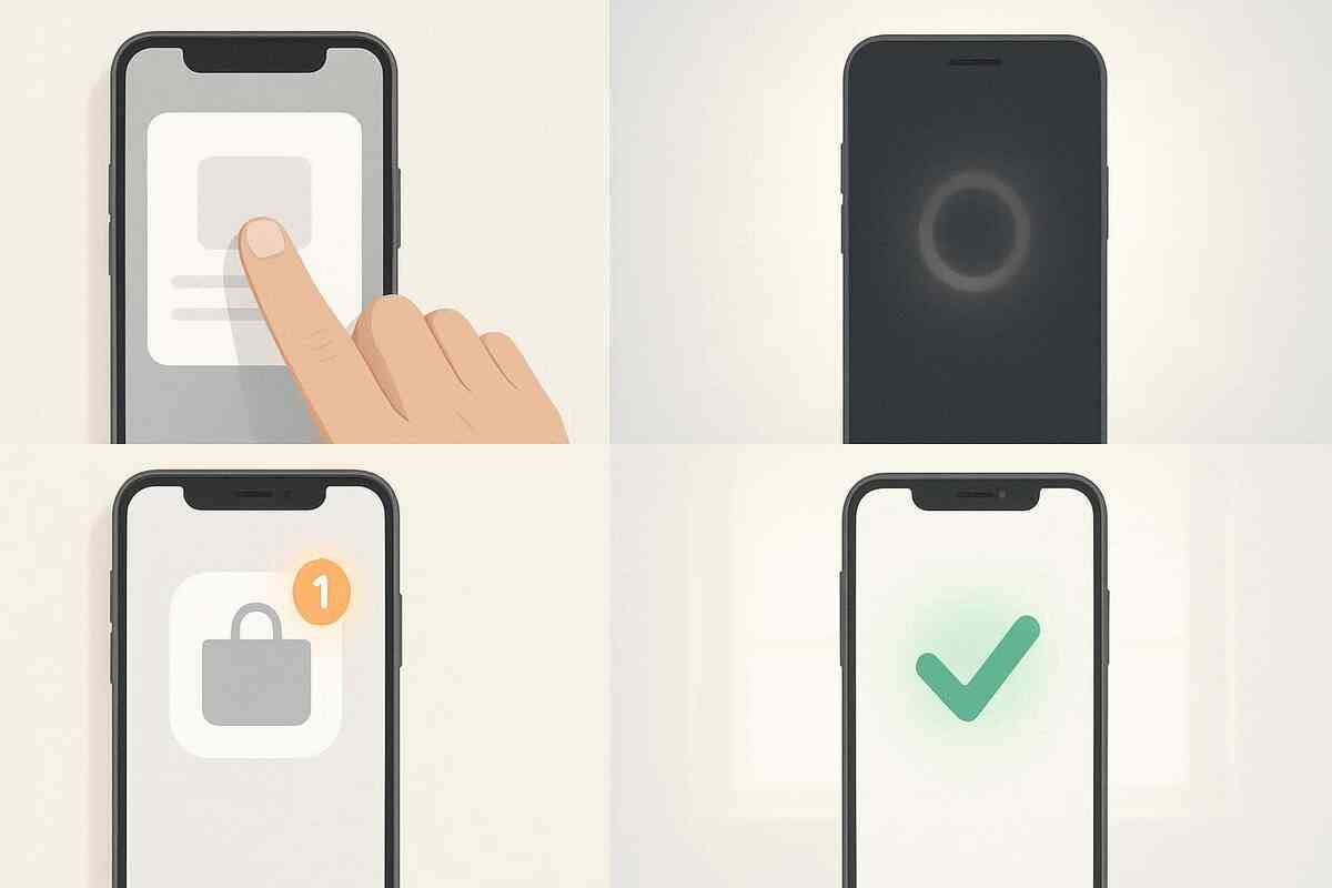 Step-by-step iPhone sequence—force quit, reboot glow, update alert, green success check—calm relief after storm, actionable hope, clean and minimal clarity