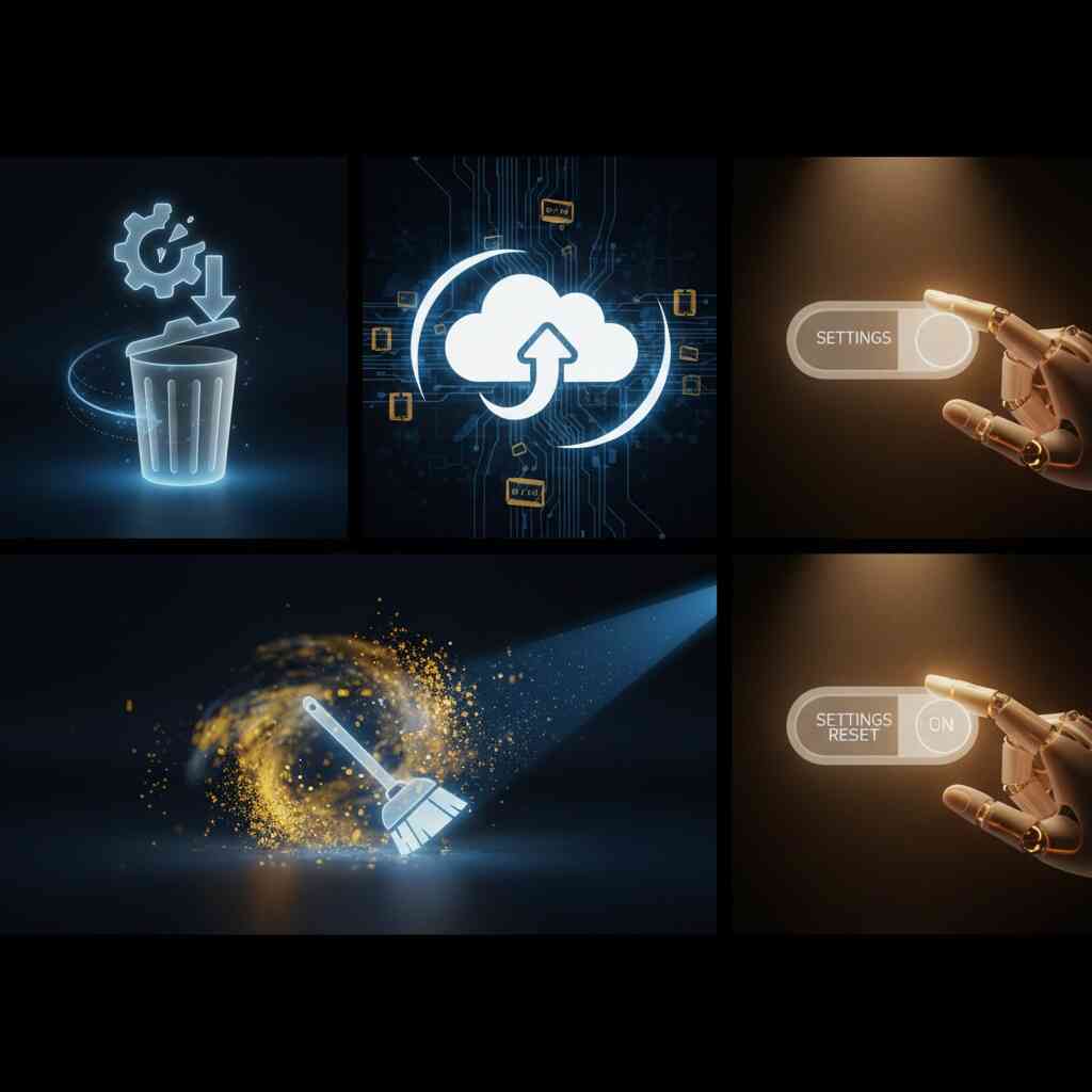 Futuristic troubleshooting icons—delete, reinstall, cache clean swirl, settings reset toggle glowing—advanced power-user remedies, decisive energy, glowing precision