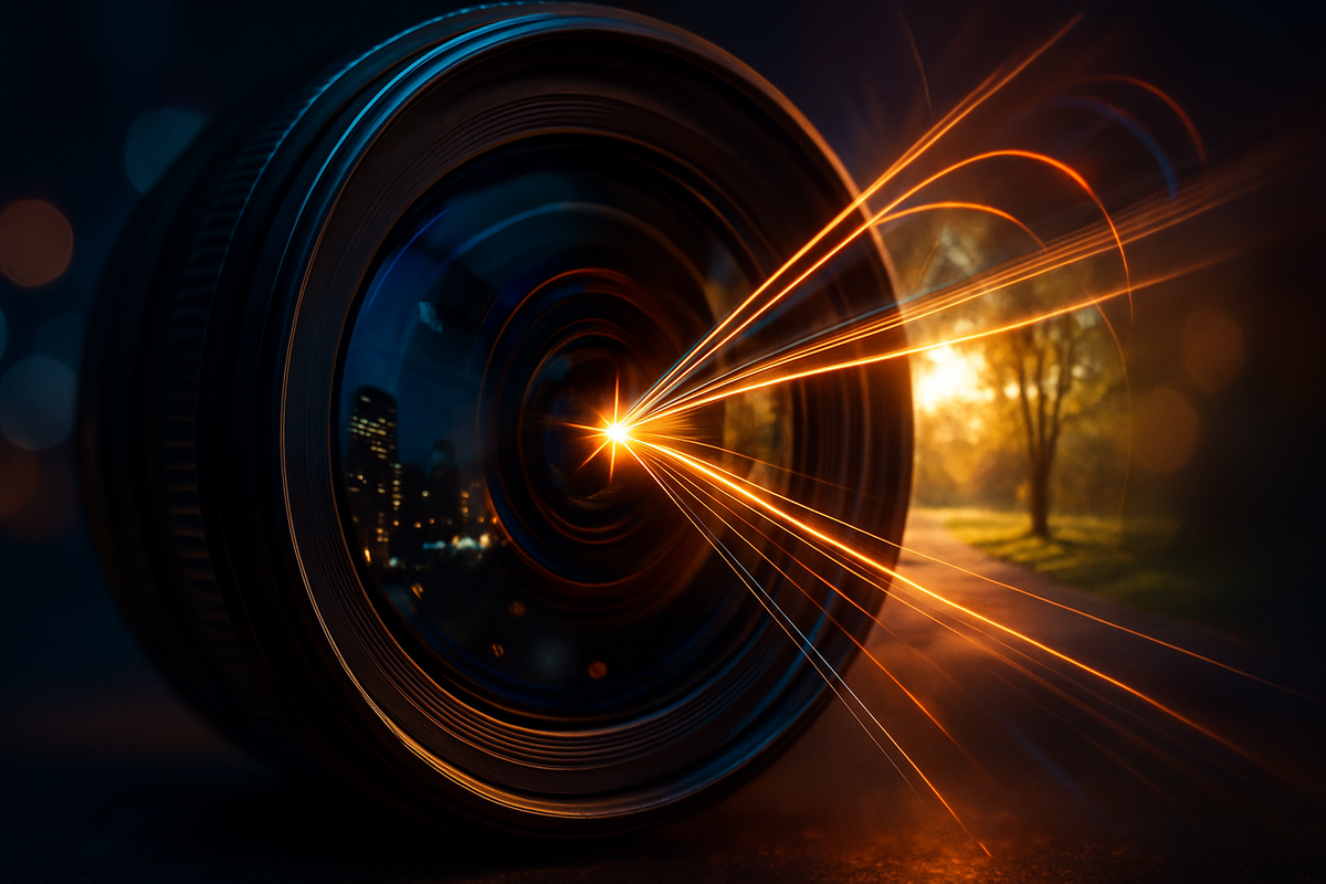 Close-up shining camera lens with sparks of light exploding into city night and golden sunrise—emotional punch of Xperia 10 VII camera, clarity, wonder, raw photography passion