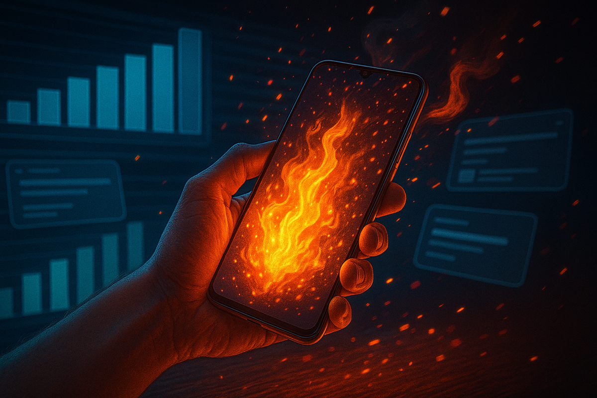 Hand gripping phone on fire with glowing flames against data charts—Xperia 10 VII performance stress test, intense speed and overheating drama, raw adrenaline vibe