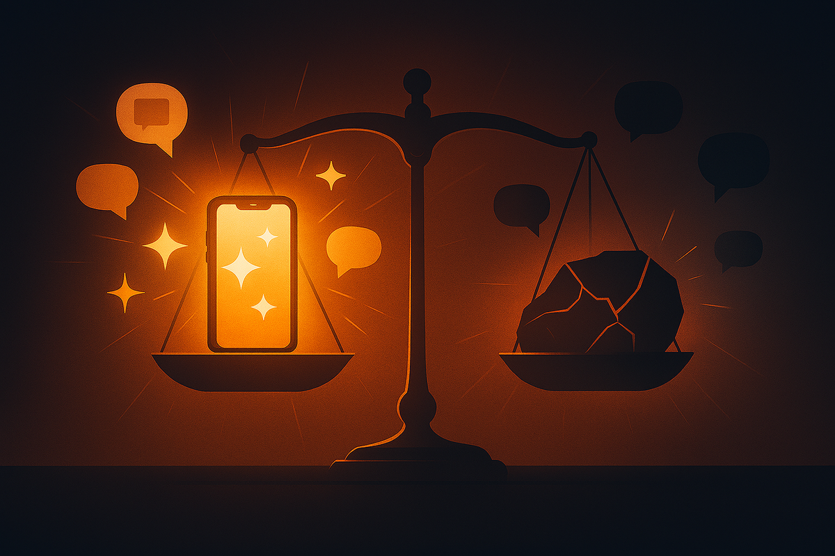 Golden glowing balance scale—shining phone vs heavy stone, speech bubbles floating—Xperia 10 VII pros and cons, emotional struggle, truth vs disappointment drama