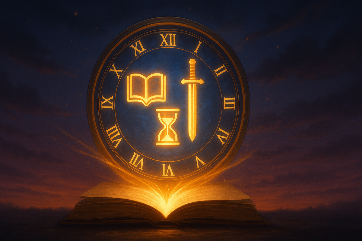 Glowing fantasy clock with sword, book, and hourglass—epic tension of time, destiny, and adventure—emotional countdown of Sky the 1st playthrough