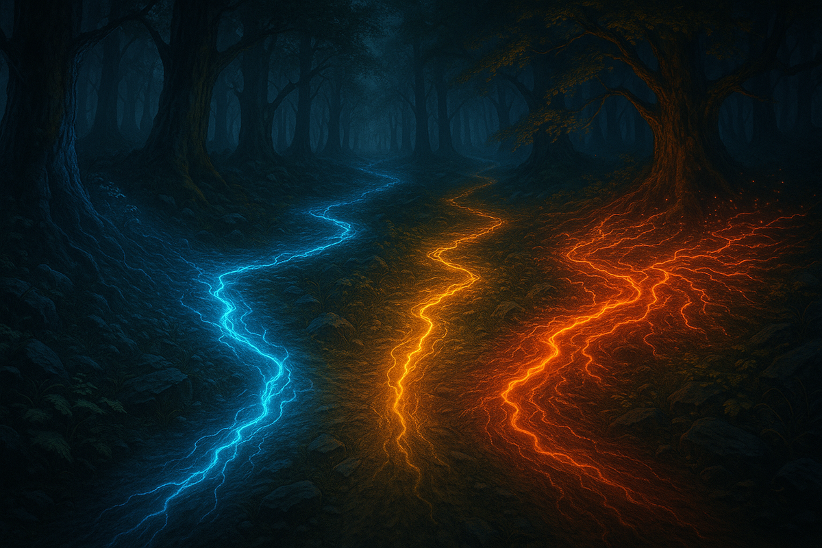 Two glowing paths in a dark enchanted forest—blue calm road versus fiery red trial—emotional choice of destiny mirroring playstyle journey