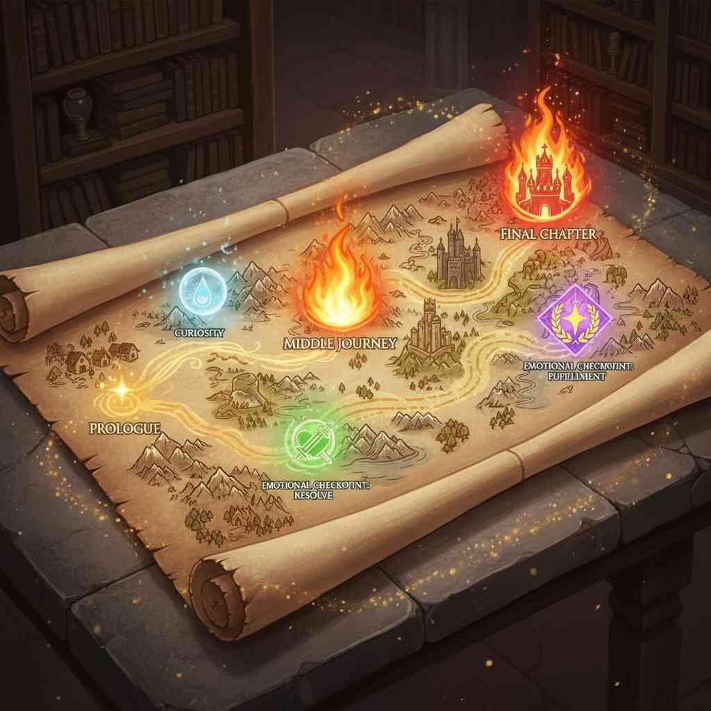 Ancient fantasy scroll map glowing with flames and symbols—prologue spark, middle blaze, final chapter fire—epic journey of chapters unfolding with emotion