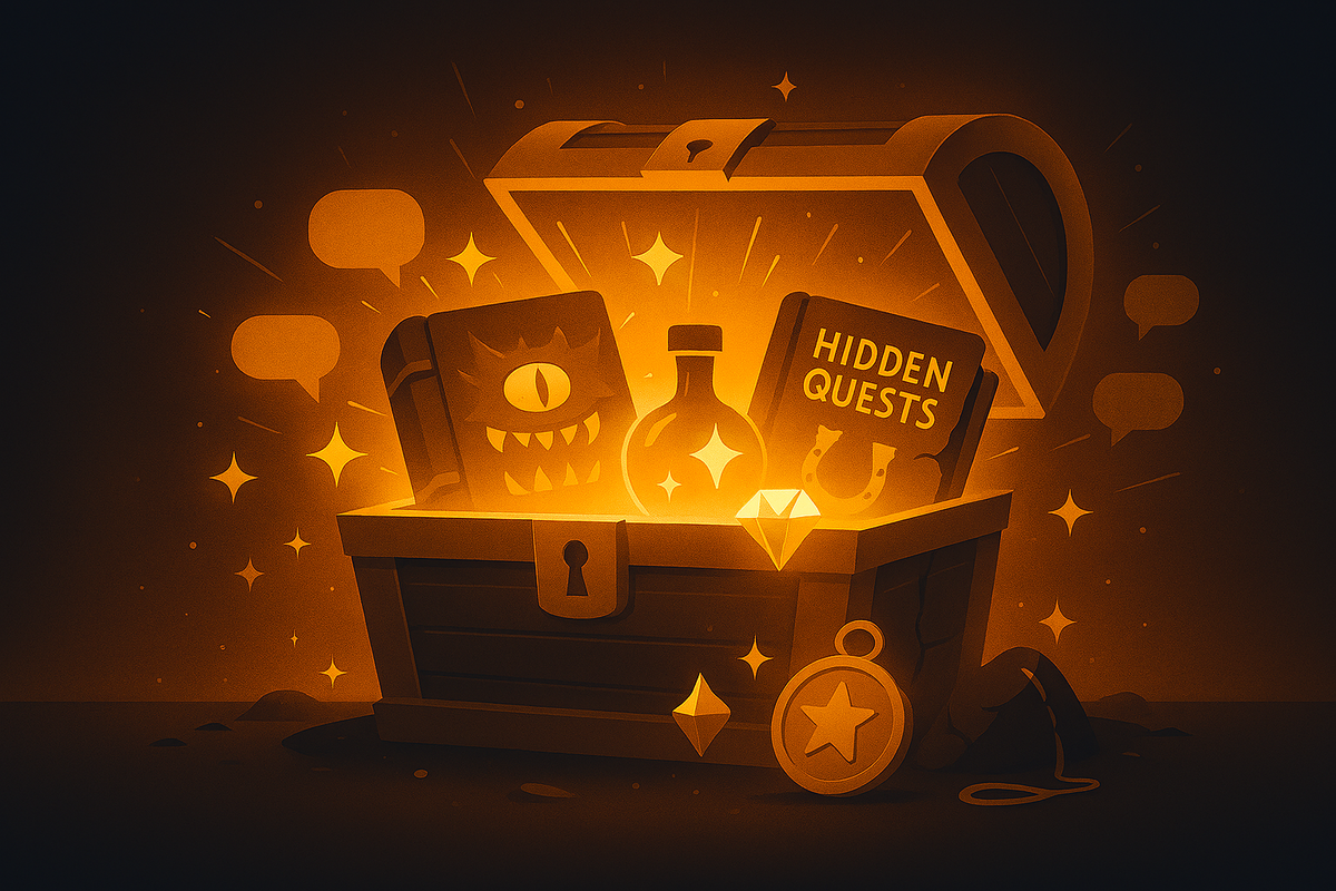 Treasure chest bursting with hidden quests, glowing potions, rare gems—emotional thrill of discovery, secret side content, irresistible RPG magic