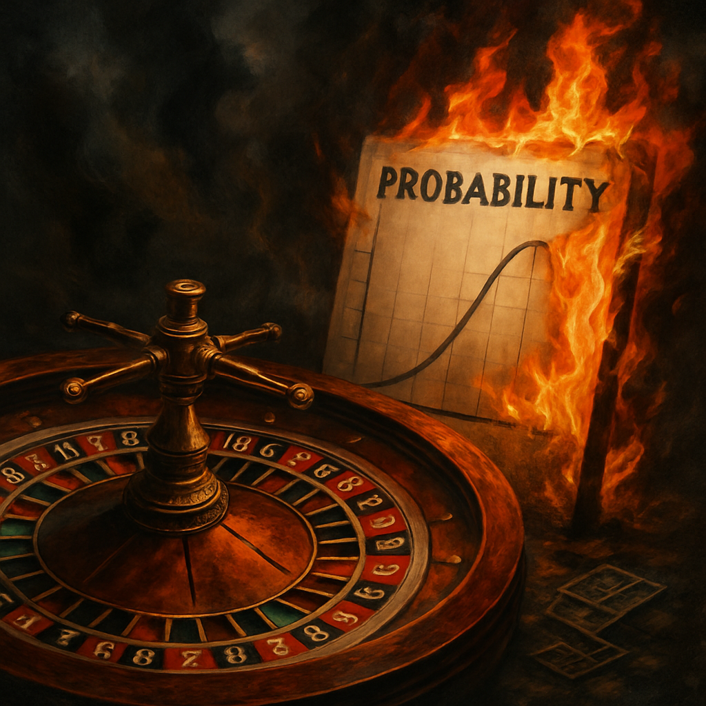 Roulette wheel with a probability chart engulfed in flames—chaotic fate, burning chances, and the emotional fire of impossible odds