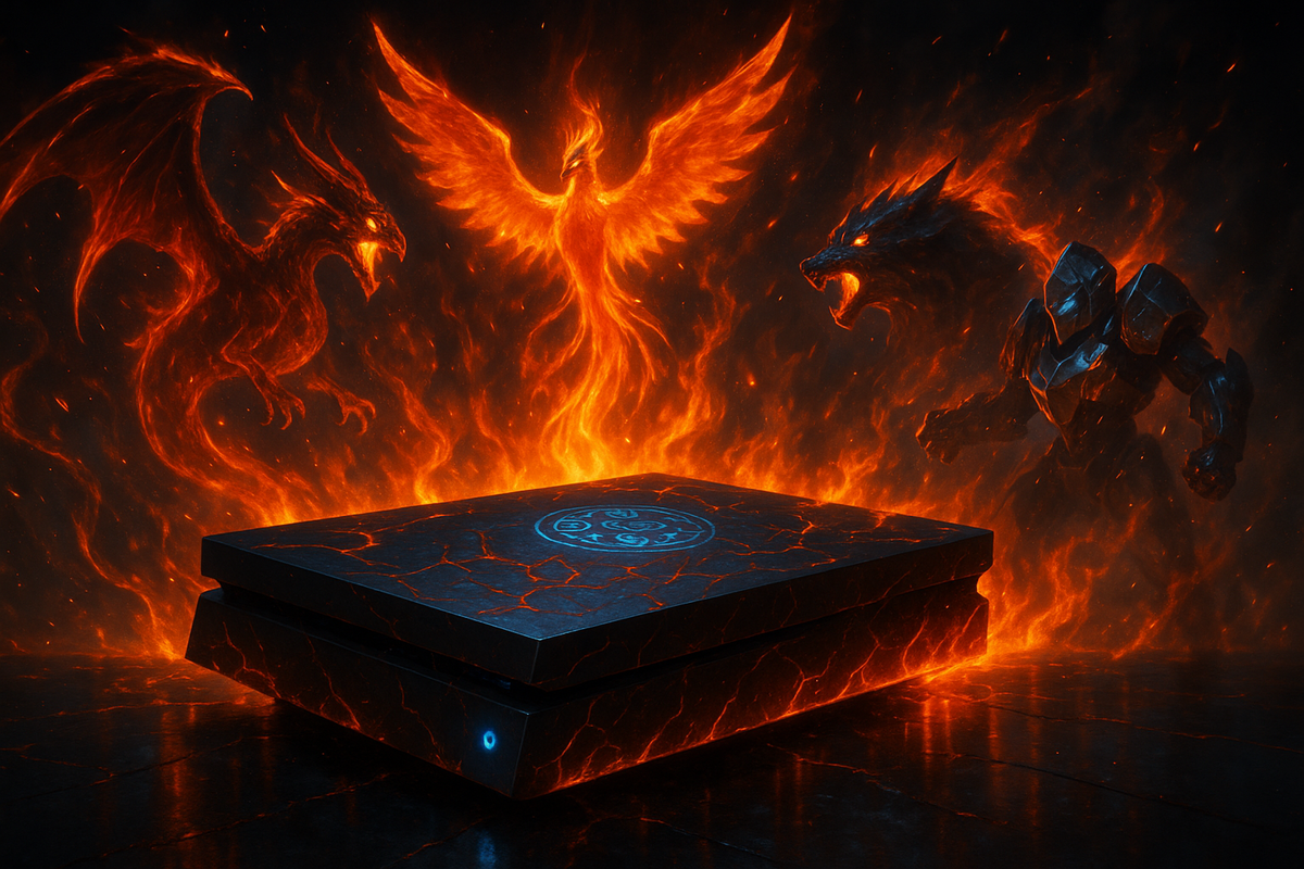 Fiery console surrounded by dragon, phoenix, and armored beast—unstoppable energy, mythical showdown, and blazing passion for gaming