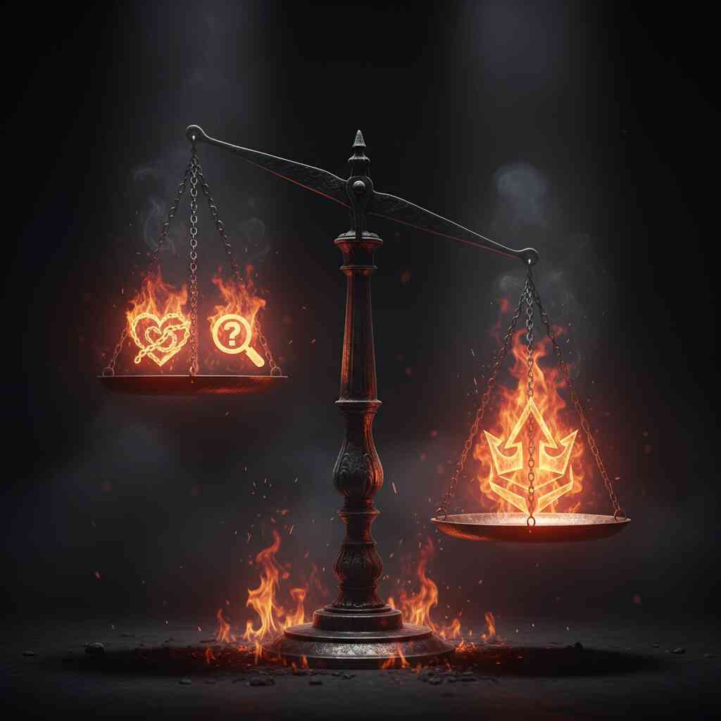 Burning balance scale with fiery heart, question mark, and trident symbols—emotional tension, dramatic choice, and the weight of destiny