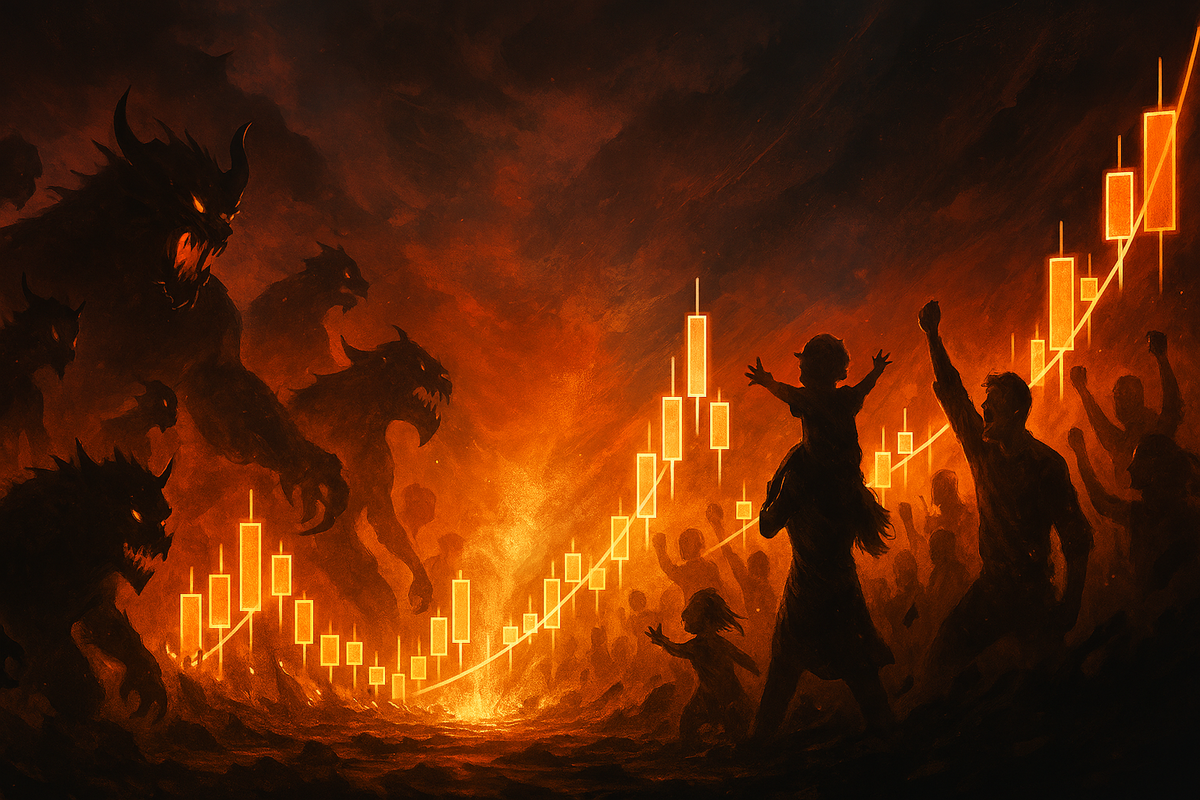 Crowd celebrating under blazing stock chart candles while monstrous shadows loom—fear and hope colliding in a storm of market chaos and survival
