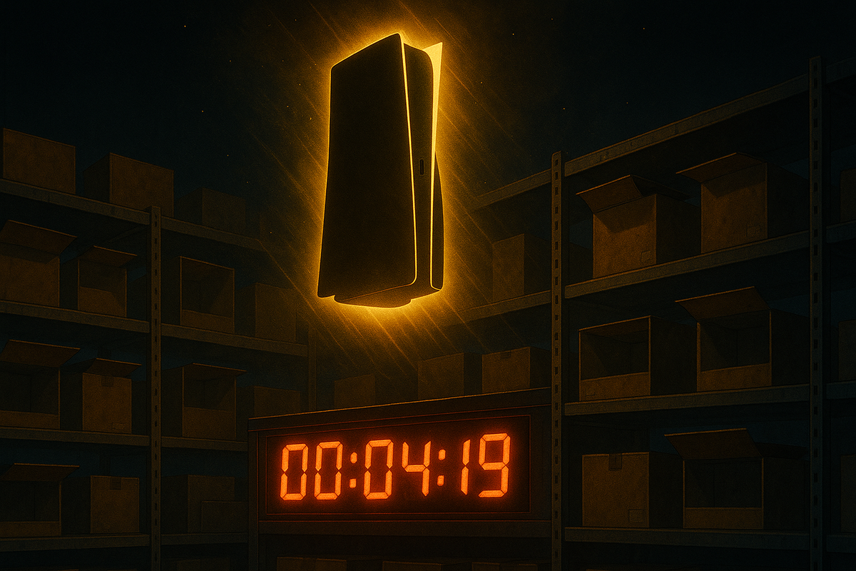 Glowing game console floating above empty shelves with countdown timer—scarcity tension, last-minute stock rush, electrifying urgency