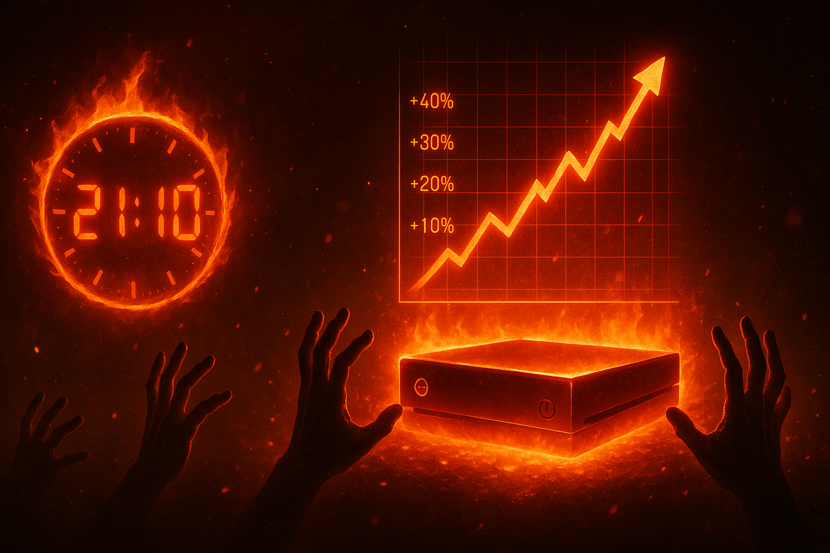 Burning clock 21:10 with fiery sales graph and glowing console—explosive demand spike, thrilling Friday night buying frenzy
