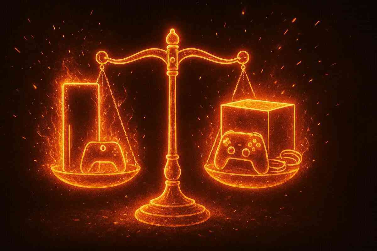 Flaming balance scale with console vs bundle—emotional weight of choice, fierce value comparison, decisive buying dilemma