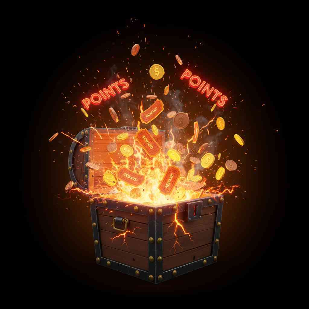 Treasure chest bursting with glowing points and rewards—fiery cashback explosion, sparkling joy of hidden savings, ultimate bonus rush