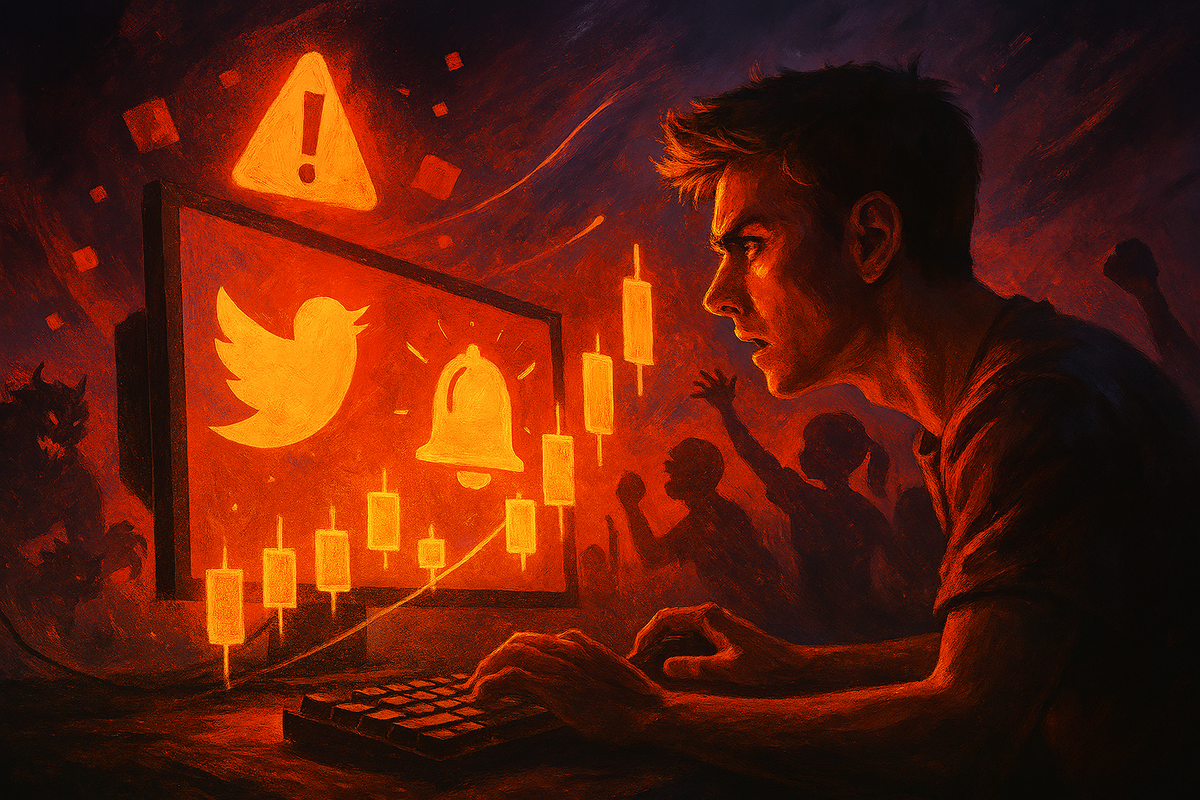Man staring at glowing alerts on monitor with Twitter bell—intense focus, adrenaline-filled hunt for stock news, raw urgency to act