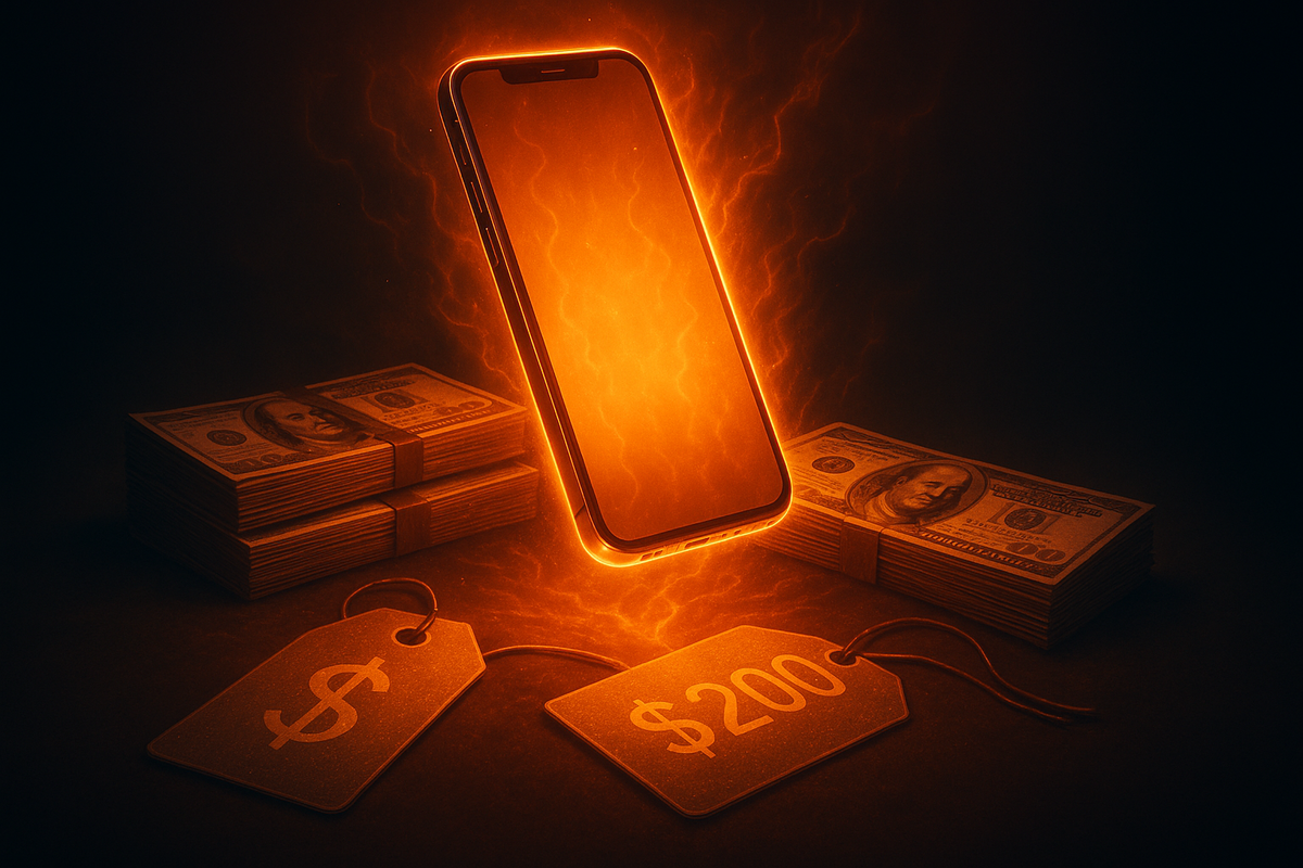 Glowing smartphone floating over stacks of cash with burning price tags—fiery tension of iPhone price, emotional battle between cost and desire