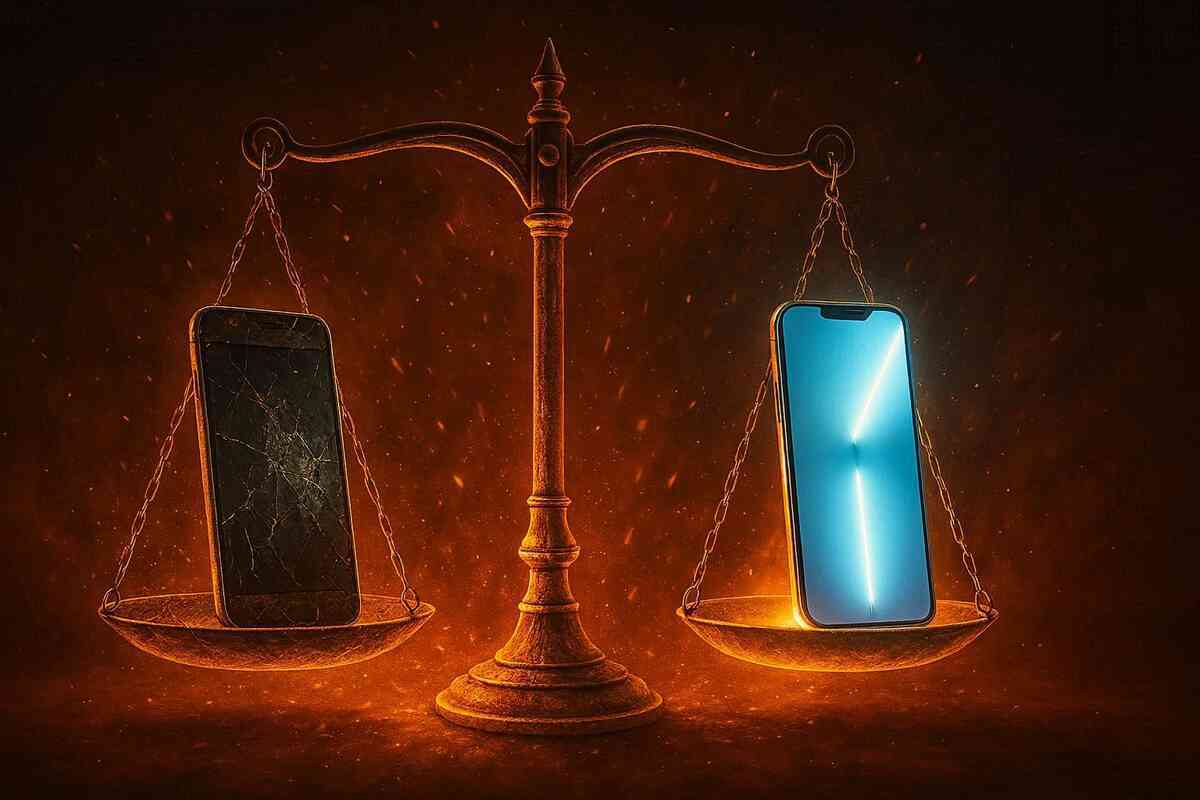 Scale balancing a cracked old phone against a glowing new device—explosive trade-in drama, heavy choice between past and future, fiery upgrade energy