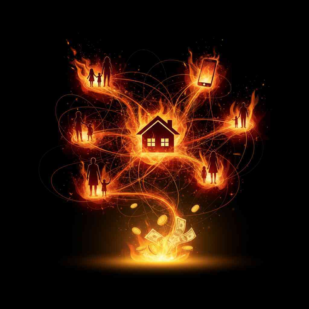 Burning network of families, home, and smartphone connected by glowing lines—emotional power of bundle discounts, fiery savings flowing into household bonds