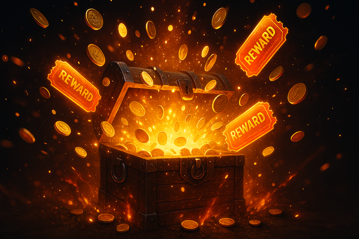 Treasure chest exploding with golden coins and reward tickets—thrilling d-point campaigns, fiery jackpot of bonuses, emotional rush of hidden rewards