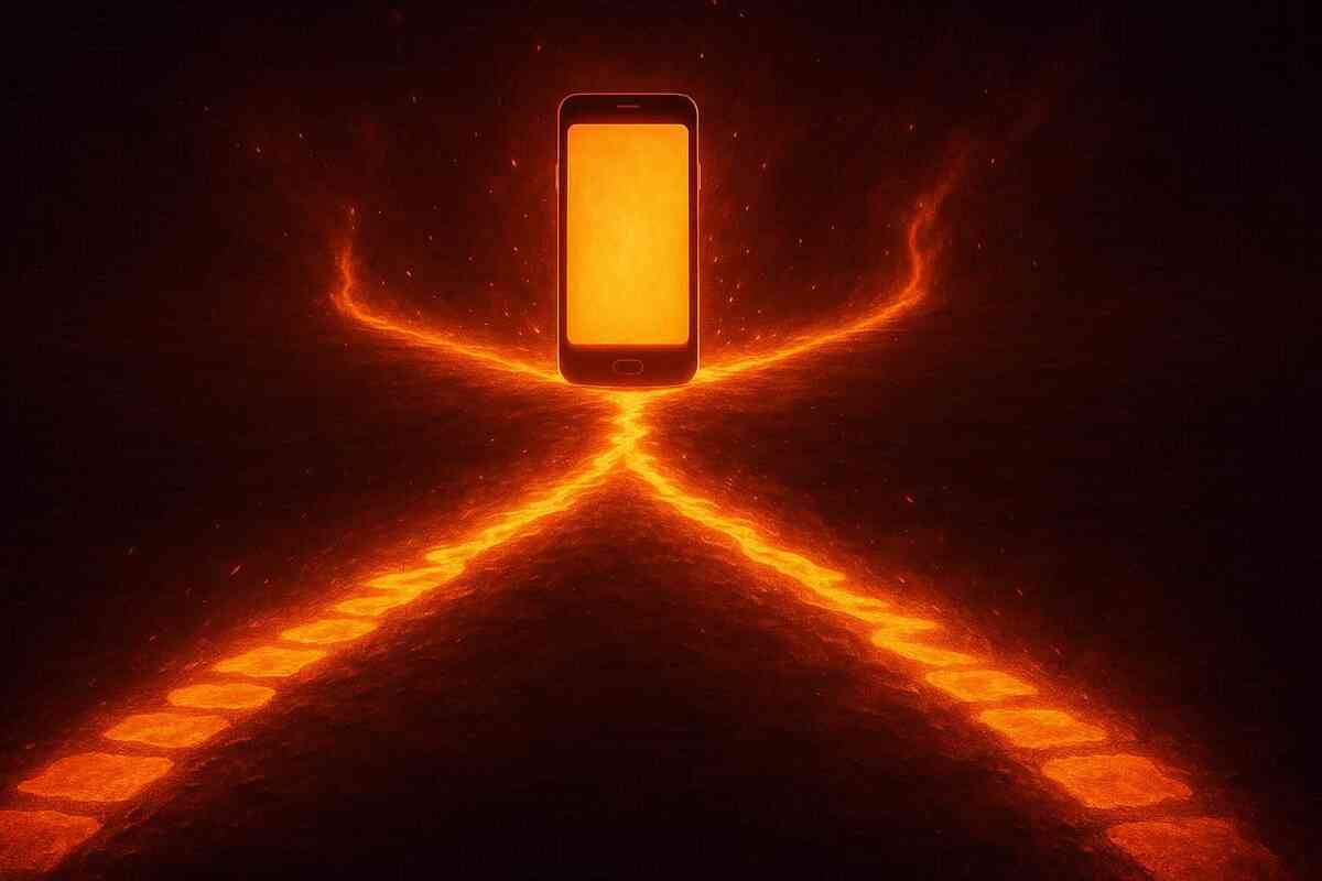 Flaming staircase leading toward a radiant smartphone—dramatic path of reservation choices, destiny split in glowing fire, emotional decision-making