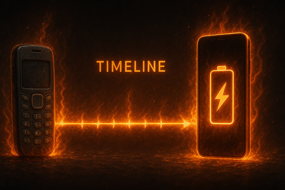 Timeline from old phone to blazing new smartphone with lightning battery icon—evolution of power, nostalgia meets futuristic energy in emotional battery upgrade story
