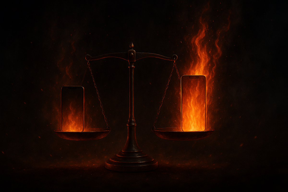 Fiery balance scale with two glowing smartphones—one burning stronger than the other—emotional judgment of endurance, raw tension in battery performance duel