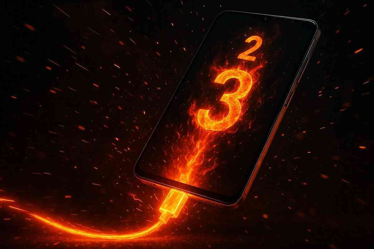 Smartphone charging with blazing USB-C cable and fiery countdown numbers—explosive speed, urgent energy, emotional rush of fast charging power unleashed