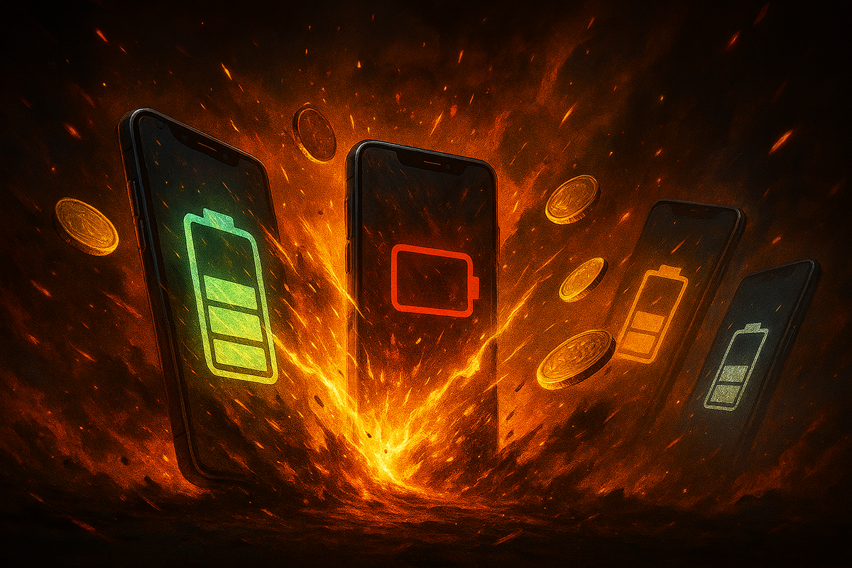 Explosive scene of multiple glowing smartphones with red and green battery icons and flying coins—emotional chaos of cost vs endurance, thrilling survival of longest-lasting battery