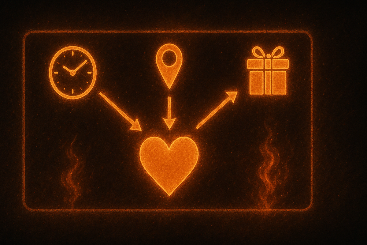 Neon flowchart with glowing heart in center, arrows from clock, map pin, and gift—emotional roadmap of love events, urgency, timing, and sweet strategy