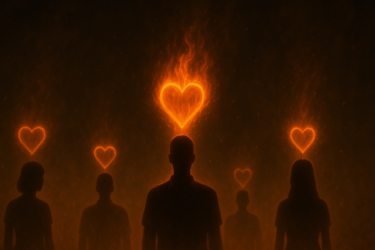 Silhouettes with fiery glowing hearts above their heads—burning passion, hidden feelings revealed, powerful choice of romance paths in emotional gameplay