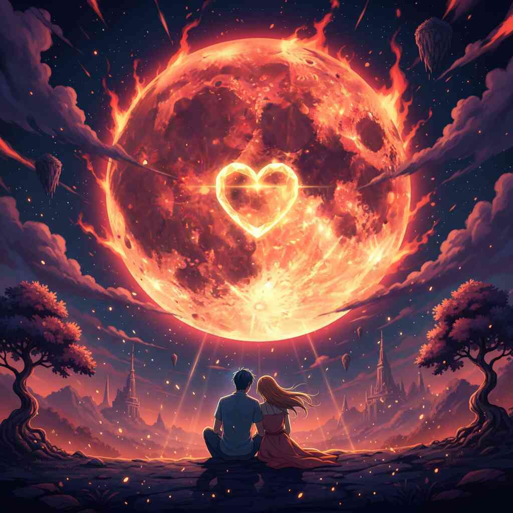 Couple sitting under fiery glowing moon with heart in center—epic romantic climax, breathtaking moment of love confession, emotional visual finale