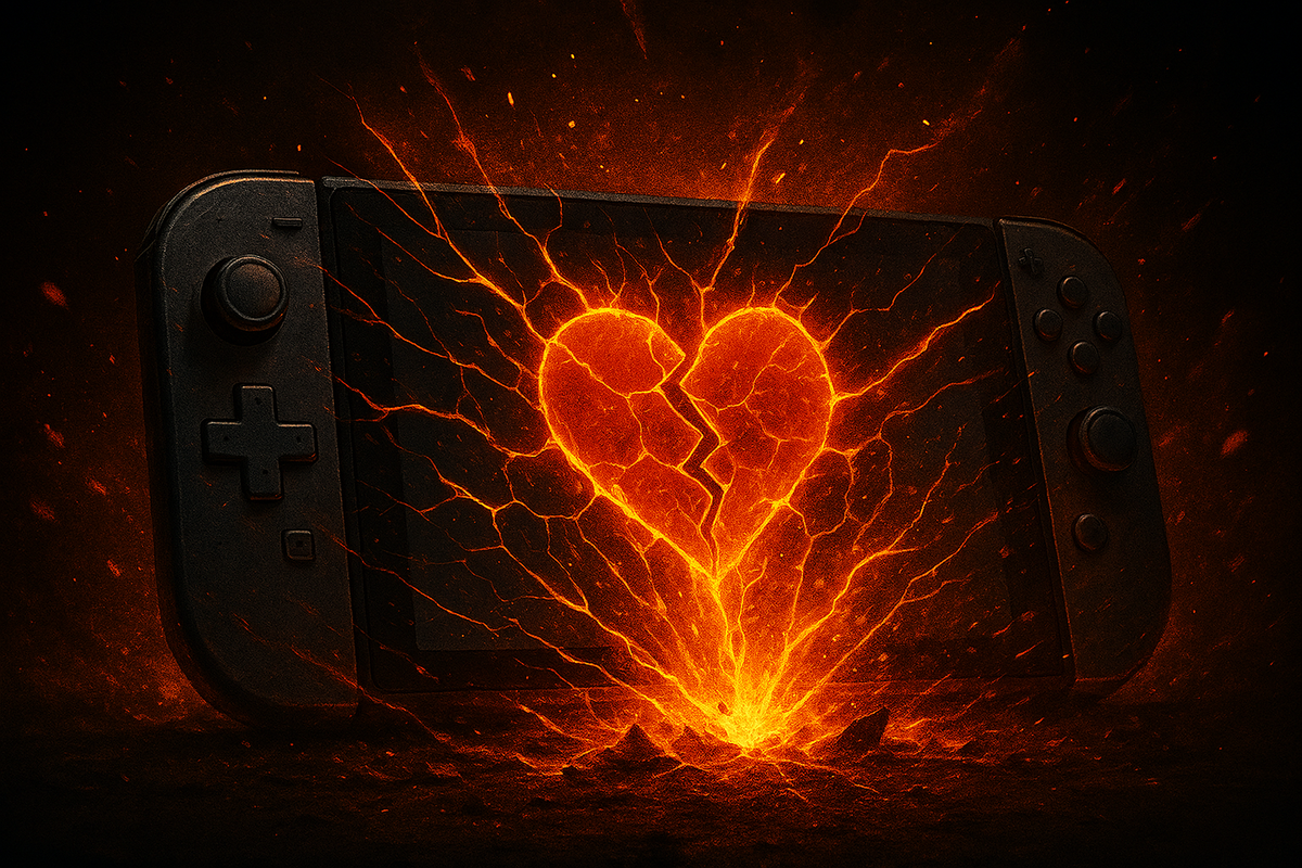 Nintendo Switch screen cracking with blazing broken heart—tragic game-over in romance, emotional heartbreak, missed event leaving burning regret