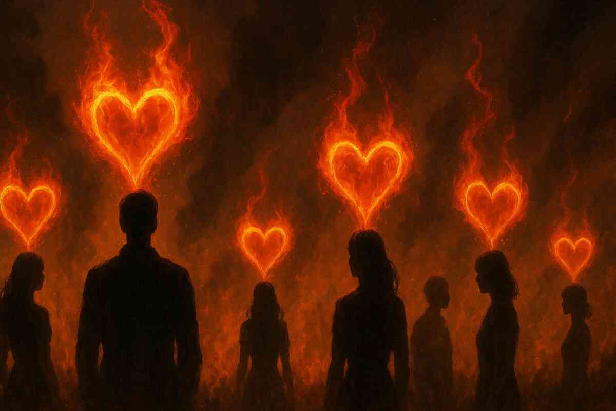 Burning silhouettes with fiery hearts above their heads—intense passion, multiple lovers rising, chaotic romance energy in fantasy game world