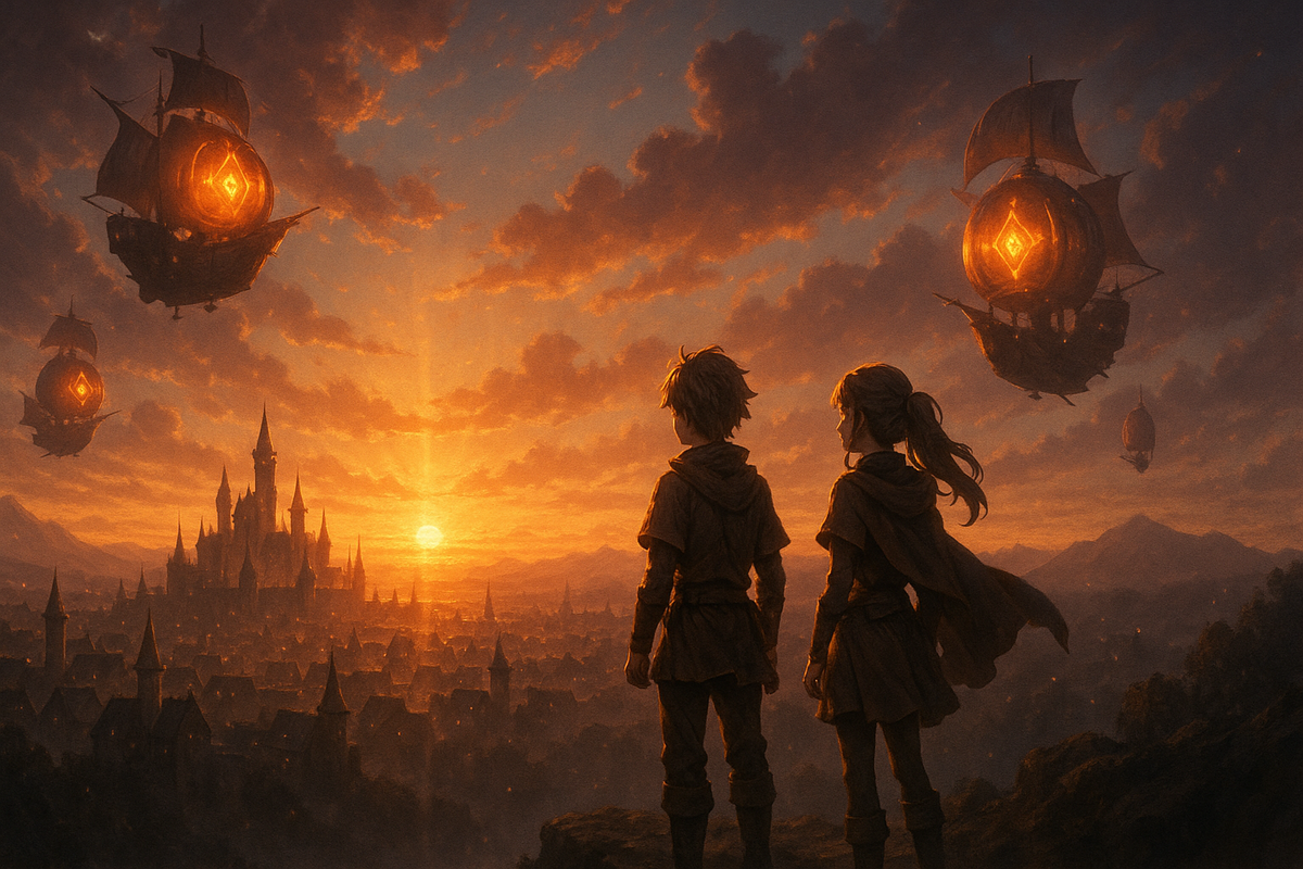 Two young adventurers watching a fiery sunset over a medieval city with glowing airships—epic beginning, bittersweet wonder, breathtaking fantasy horizon