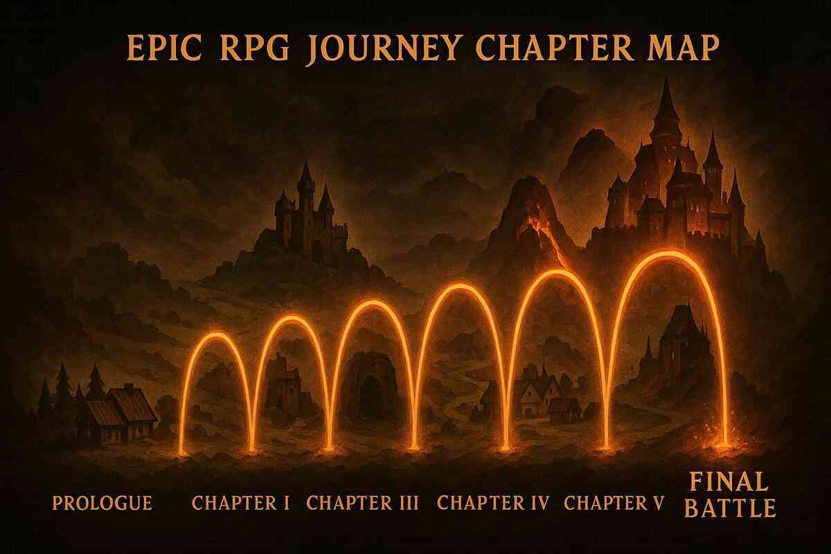 Glowing RPG chapter map with castles and fiery arcs—epic journey milestones from prologue to final battle, thrilling adventure roadmap full of anticipation