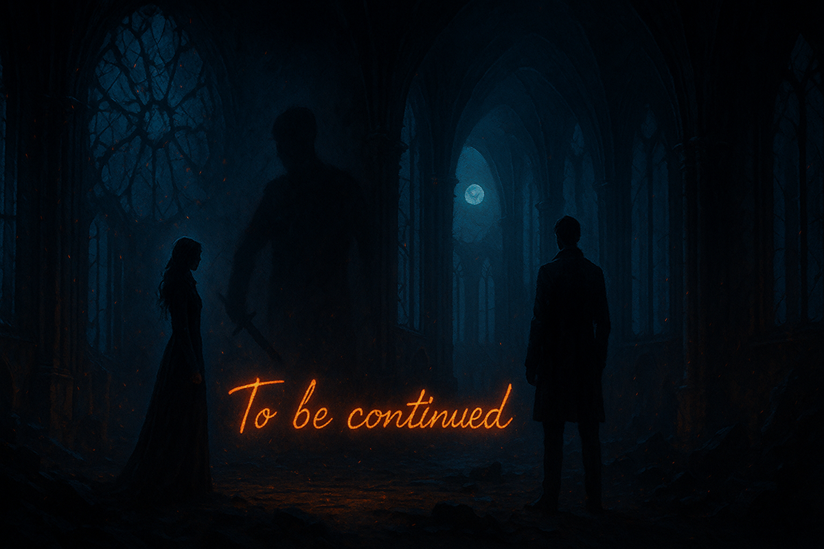 Dark gothic cathedral with looming shadow and glowing “To be continued”—emotional cliffhanger, suspenseful mystery, unforgettable dramatic pause