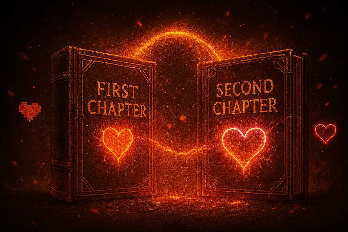 Two burning books titled “First Chapter” and “Second Chapter” connected by glowing heart—emotional bridge between stories, fiery continuation, epic saga bond